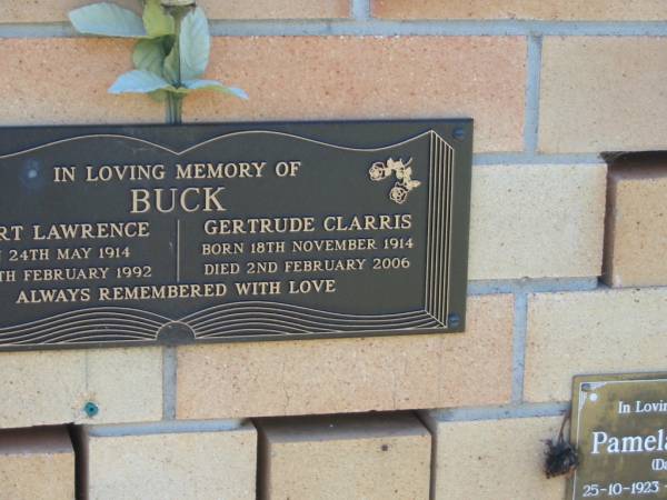 Albert Lawrence BUCK,  | born 24 May 1914,  | died 13 Feb 1992;  | Gertrude Clarris BUCK,  | born 18 Nov 1914,  | died 2 Feb 2006;  | Blackbutt-Benarkin cemetery, South Burnett Region  | 