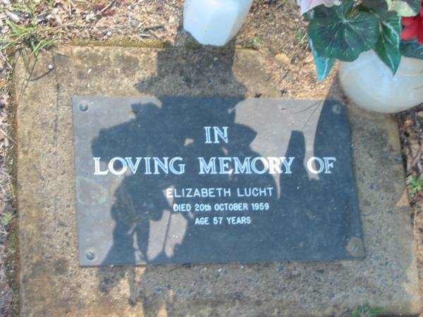 Elizabeth LUCHT,  | died 20 Oct 1959 aged 57 years;  | Blackbutt-Benarkin cemetery, South Burnett Region  | 