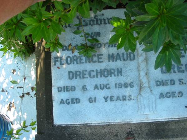 Florence Maud DREGHORN,  | mother,  | died 6 Aug 1966 aged 61 years;  | Peter DREGHORN,  | husband father,  | died 5 Sept 1953 aged 67 years;  | Blackbutt-Benarkin cemetery, South Burnett Region  | 