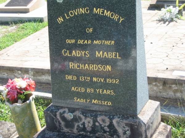 Gladys Mabel RICHARDSON,  | mother,  | died 13 Nov 1992 aged 89 years;  | William Earnest RICHARDSON,  | husband father,  | died in an accident 6 April 1959 aged 55 years;  | Blackbutt-Benarkin cemetery, South Burnett Region  | 
