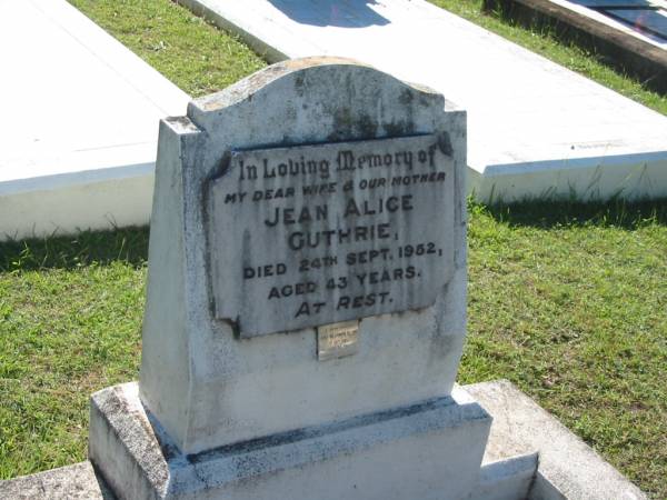 Jean Alice GUTHRIE,  | wife mother,  | died 24 Sept 1952 aged 43 years;  | James Williamson GUTHRIE,  | died 1 Oct 1980 aged 80 years;  | Blackbutt-Benarkin cemetery, South Burnett Region  |   | 
