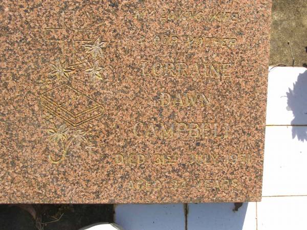 Lorraine Dawn CAMPBELL,  | wife mother,  | died 31 July 1971 aged 34 years;  | Blackbutt-Benarkin cemetery, South Burnett Region  | 