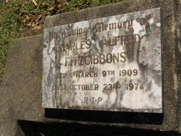 Charles Alfred FITZGIBBONS,  | born 9 March 1909,  | died 23 Oct 1974;  | Blackbutt-Benarkin cemetery, South Burnett Region  | 