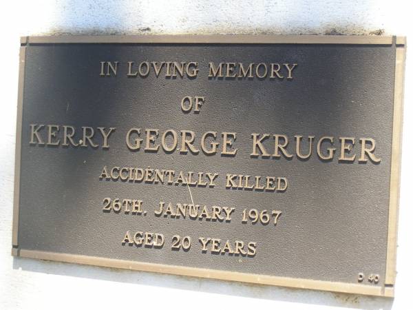 Kerry George KRUGER,  | accidentally killed 26 Jan 1967 aged 20 years;  | Blackbutt-Benarkin cemetery, South Burnett Region  | 