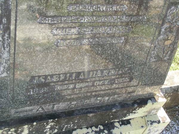 Flora Josephine,  | wife of Eric SCHULTZ,  | daughter of Francis & Isabella HARDING,  | died 5 Nov 1949 aged 33 years;  | Isabella HARDING,  | died 10 Oct 1955;  | Blackbutt-Benarkin cemetery, South Burnett Region  | 