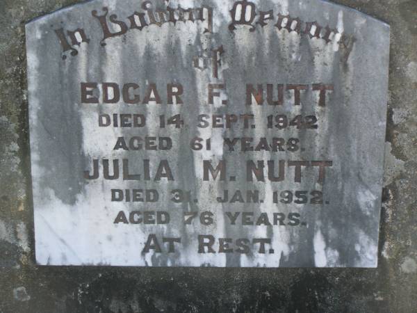 Edgar F. (Ted) NUTT,  | died 14 Sept 1942 aged 61 years;  | Julia M. NUTT,  | died 31 Jan 1952 aged 76 years;  | Blackbutt-Benarkin cemetery, South Burnett Region  | 