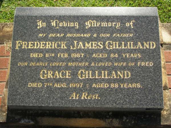 Frederick James GILLILAND,  | husband father,  | died 11 Feb 1987 aged 84 years;  | Grace GILLILAND,  | mother,  | wife of Fred,  | died 7 Aug 1997 aged 88 years;  | Blackbutt-Benarkin cemetery, South Burnett Region  | 