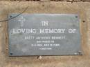 Brett Anthony BENNETT,
died 10-2-1994 aged 23 years;
Blackbutt-Benarkin cemetery, South Burnett Region