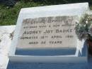 Audrey Joy BADKE,
wife mother,
died 15 April 1961 aged 33 years;
Blackbutt-Benarkin cemetery, South Burnett Region