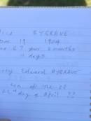 Alice BYGRAVE,
10? Dec 1904 aged 67 years 6 months 11 days;
Percy Edward BYGRAVE,
grandson,
died 22 April ????,
Blackbutt-Benarkin cemetery, South Burnett Region