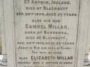 James MILLAR,
born Broughshane, Co Antrim, Ireland,
died Blackbutt 26 Sep 1908 aged 57 years;
Samuel MILLAR,
son,
born Bundanba,
died Blackbutt 22 Aug 1910 aged 24 years;
Elizabeth MILLARm
wife mother,
died 24 May 1935 aged 80 years;
Blackbutt-Benarkin cemetery, South Burnett Region