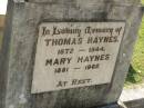 Thomas HAYNES,
1872 - 1944;
Mary HAYNES,
1881 - 1962;
Blackbutt-Benarkin cemetery, South Burnett Region