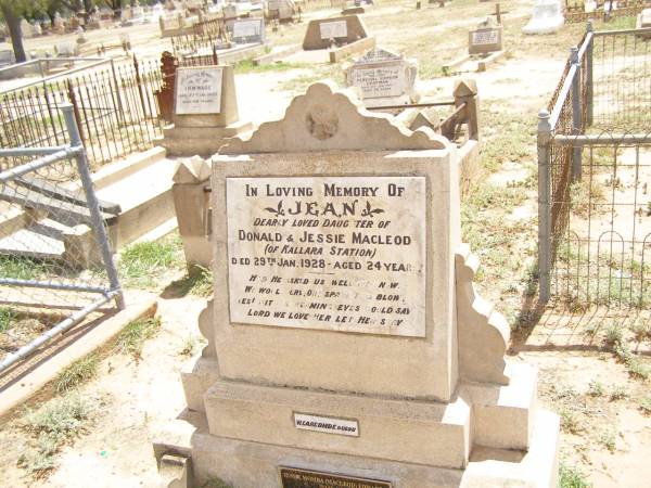 Graves near William Gale's,  | (Jean MacLEOD, 29 Jan 1928, aged 24, dau of Donald and Jessie)  | Bourke cemetery, New South Wales  | 