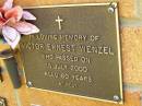 
Victor Ernest WENZEL,
died 15 July 2000 aged 80 years;
Bribie Island Memorial Gardens, Caboolture Shire
