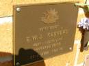 
E.W.J. KEEVERS,
died 22-2-2002 aged 72 years;
Bribie Island Memorial Gardens, Caboolture Shire
