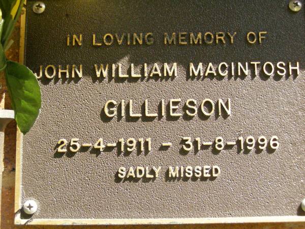 John William Macintosh GILLIESON,  | 25-4-1911 - 31-8-1996;  | Bribie Island Memorial Gardens, Caboolture Shire  | 