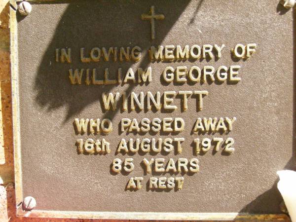 William George WINNETT,  | died 16 Aug 1972 aged 85 years;  | Bribie Island Memorial Gardens, Caboolture Shire  | 
