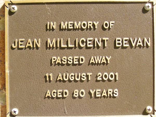 Jean Millicent BEVAN,  | died 11 Aug 2001 aged 80 years;  | Bribie Island Memorial Gardens, Caboolture Shire  | 