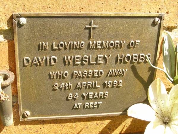 David Wesley HOBBS,  | died 24 April 1992 aged 64? years;  | Bribie Island Memorial Gardens, Caboolture Shire  | 