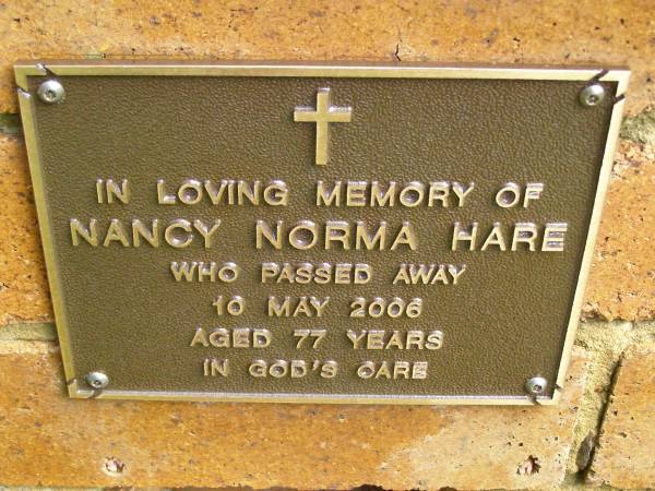 Nancy Norma HARE,  | died 10 May 2006 aged 77 years;  | Bribie Island Memorial Gardens, Caboolture Shire  | 