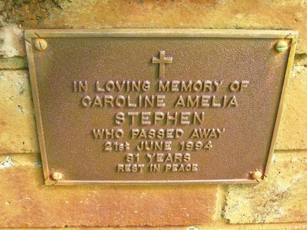 Caroline Amelia STEPHEN,  | died 21 June 1994 aged 81 years;  | Bribie Island Memorial Gardens, Caboolture Shire  | 
