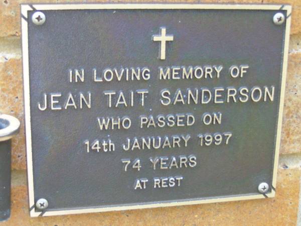 Jean Tait SANDERSON,  | died 14 Jan 1997 aged 74 years;  | Bribie Island Memorial Gardens, Caboolture Shire  | 