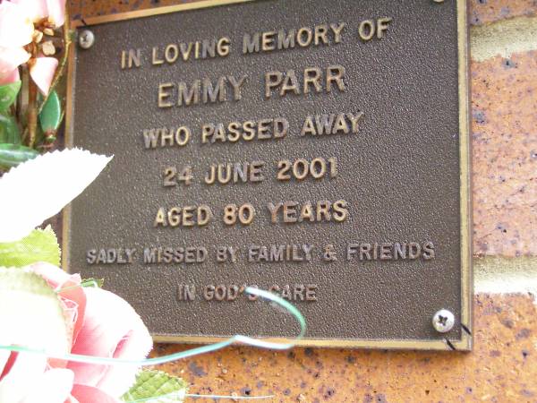 Emmy PARR,  | died 24 June 2001 aged 80 years;  | Bribie Island Memorial Gardens, Caboolture Shire  | 