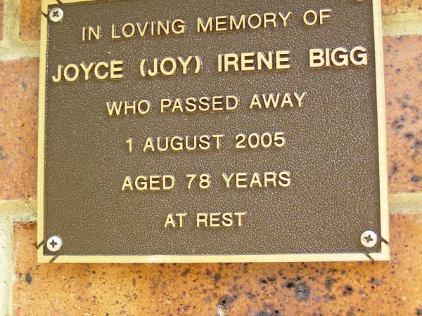 Joyce (Joy) Irene BIGG,  | died 1 Aug 2005 aged 78 years;  | Bribie Island Memorial Gardens, Caboolture Shire  | 