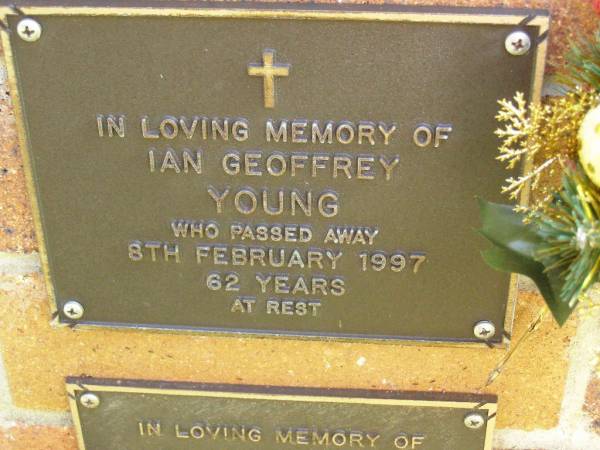 Ian Geoffrey YOUNG,  | died 8 Feb 1997 aged 62 years;  | Bribie Island Memorial Gardens, Caboolture Shire  | 