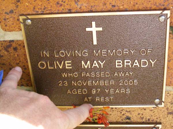 Olive May BRADY,  | died 23 Nov 2005 aged 97 years;  | Bribie Island Memorial Gardens, Caboolture Shire  | 