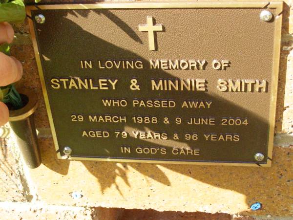 Stanley SMITH,  | died 29 Mary 1988 aged 79 years;  | Minnie SMITH,  | died 9 June 2004 aged 96 years;  | Bribie Island Memorial Gardens, Caboolture Shire  | 