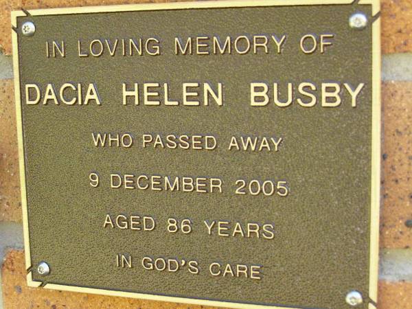 Dacia Helen BUSBY,  | died 9 Dec 2005 aged 86 years;  | Bribie Island Memorial Gardens, Caboolture Shire  | 