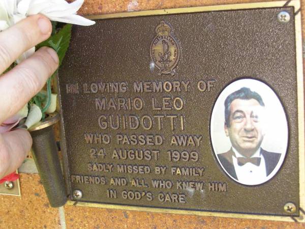 Mario Leo GUIDOTTI,  | died 24 Aug 1999;  | Bribie Island Memorial Gardens, Caboolture Shire  | 