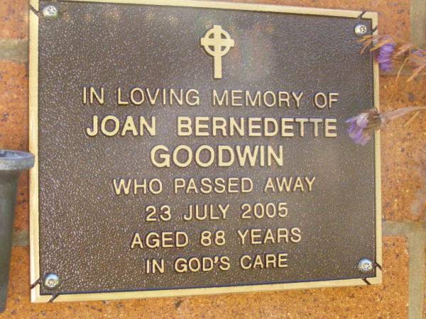 Joan Bernedette GOODWIN,  | died 23 July 2005 aged 88 years;  | Bribie Island Memorial Gardens, Caboolture Shire  | 