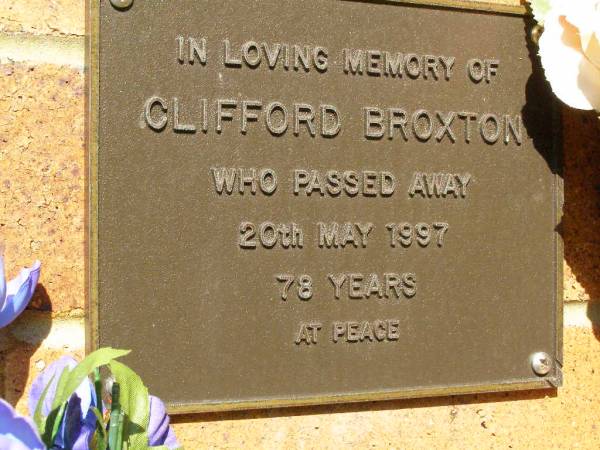 Clifford BROXTON,  | died 20 May 1997 aged 78 years;  | Bribie Island Memorial Gardens, Caboolture Shire  | 