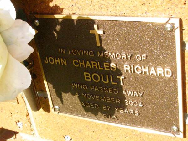John Charles Richard BOULT,  | died 4 Nov 2004 aged 87 years;  | Bribie Island Memorial Gardens, Caboolture Shire  | 