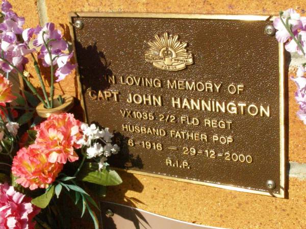 John HANNINGTON,  | husband father pop,  | 6-6-1016 - 29-12-2000;  | Bribie Island Memorial Gardens, Caboolture Shire  | 