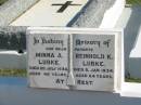parents;
Minna A. LUBKE,
died 20 July 1928 aged 45 years;
Reinhold K. LUBKE,
died 5 Jan 1934 aged 64 years;
Apostolic Church of Queensland, Brightview, Esk Shire
