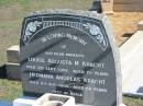 parents;
Louise Augusta M. KRACHT,
died 3 Sept 1958 aged 70 years;
Hermann Andreas KRACHT,
died 9 Aug 1958 aged 65 years;
Apostolic Church of Queensland, Brightview, Esk Shire