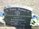 Ernst K. RASMUSSEN,
died 3-5-85 aged 72,
husband father;
Apostolic Church of Queensland, Brightview, Esk Shire