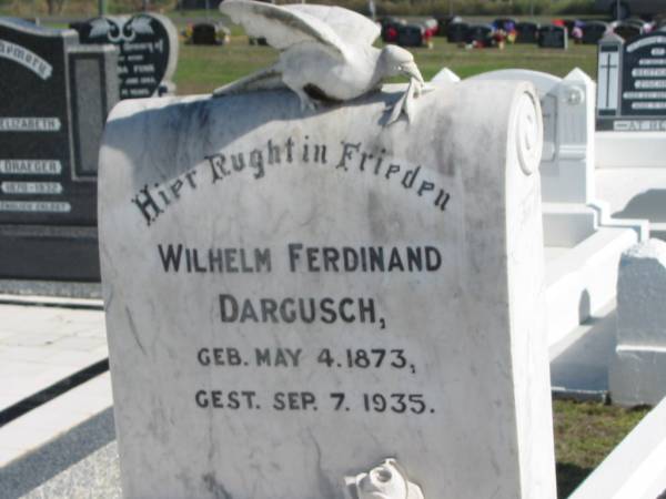 Wilhelm Ferdinand DARGUSCH,  | born 4 May 1874 died 7 Sept 1935;  | Apostolic Church of Queensland, Brightview, Esk Shire  | 