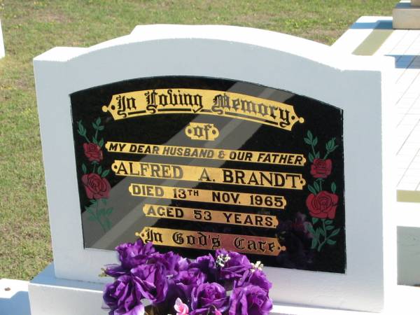 Alfred A. BRANDT,  | died 13 Nov 1965 aged 53 years,  | husband father;  | Apostolic Church of Queensland, Brightview, Esk Shire  | 