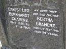 
Ernest Leo Bernhardt GRAMENZ,
21-9-1886 - 21-3-1969;
Bertha GRAMENZ, wife mother,
died 10 Feb 1945 aged 54 years;
Alexander Hansen GRAMENZ,
7-2-1919 - 26-1-1964;
Perly Clara GRAMENZ,
1-10-1921 - 12-2-1972;
Ida Elsie GRAMENZ,
12-8-1917 - 11-1-2001;
Brookfield Cemetery, Brisbane
