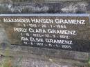 
Ernest Leo Bernhardt GRAMENZ,
21-9-1886 - 21-3-1969;
Bertha GRAMENZ, wife mother,
died 10 Feb 1945 aged 54 years;
Alexander Hansen GRAMENZ,
7-2-1919 - 26-1-1964;
Perly Clara GRAMENZ,
1-10-1921 - 12-2-1972;
Ida Elsie GRAMENZ,
12-8-1917 - 11-1-2001;
Brookfield Cemetery, Brisbane
