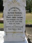 
Alfred Samuel, husband of Mary Jane LOGAN,
died 5 June 1933 aged 76 years;
Mary Jane, wife,
died 17-2-1942 aged 79 years;
Brookfield Cemetery, Brisbane
