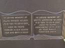 
Allan Fraser WILSON,
15-5-1921 - 28-5-2001 aged 80 years,
wife Betty;
Betty Lorraine WILSON,
4-2-1924 - 25-8-2002 aged 78 years;
Brookfield Cemetery, Brisbane
