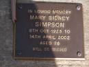 
Mary Sidney SIMPSON,
8 Oct 1923 - 14 Apr 2002 aged 78 years;
Brookfield Cemetery, Brisbane
