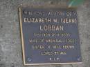 
Elizabeth M. (Jean) LOBBAN,
1-5-1908 - 21-2-2000,
wife of Archibald (dec),
sister of Nell BROWN;
Brookfield Cemetery, Brisbane
