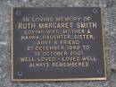 
Ruth Margaret SMITH,
wife mother nanna daughter sister aunt,
21 Dec 1948 - 13 Oct 2001;
Brookfield Cemetery, Brisbane

