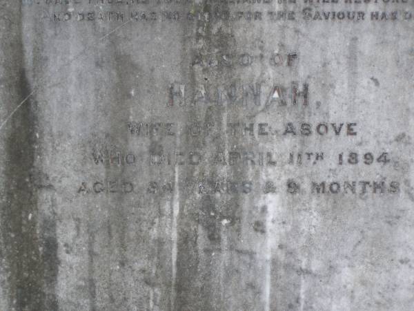 William NUTLEY,  | died 11 Oct 1884 aged 78? years;  | Hannah, wife,  | died 11 April 1894 aged 84 years & 9 months;  | Brookfield Cemetery, Brisbane  | 